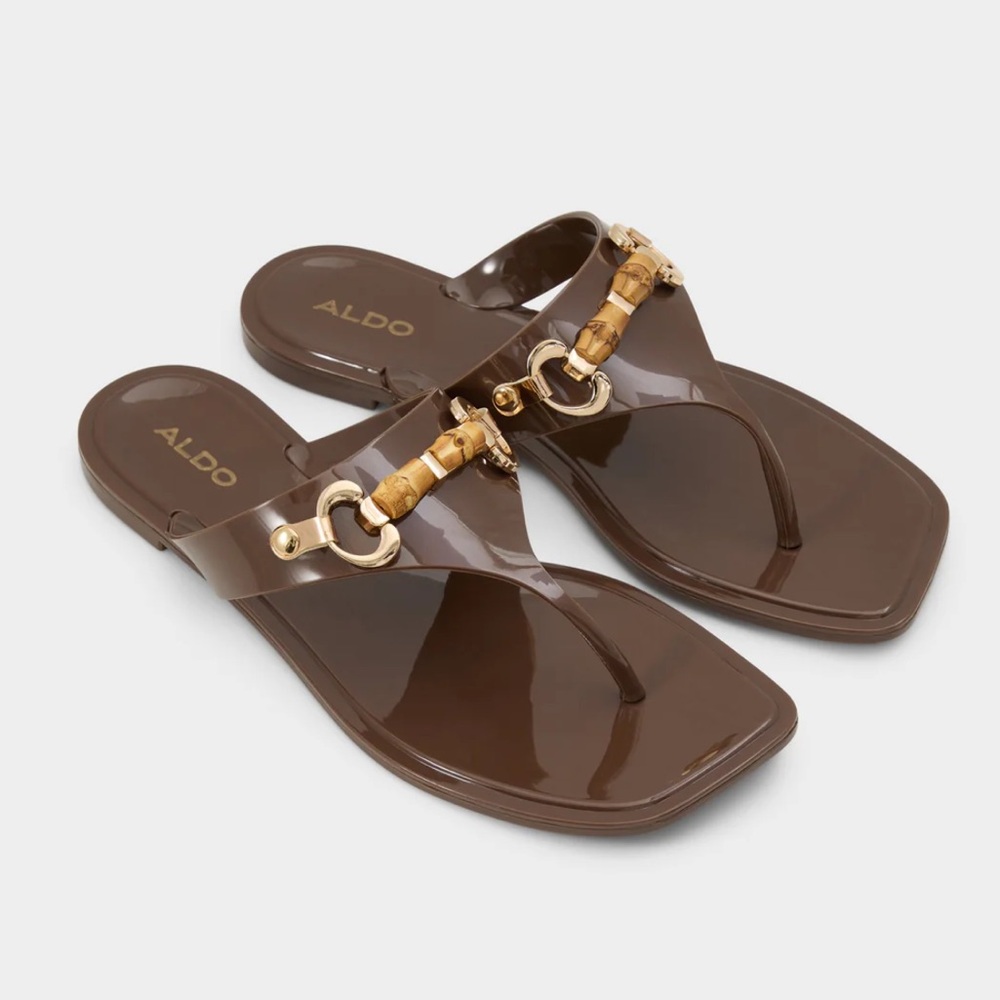 Aldo Glossy Brown Sandals with Gold Accents